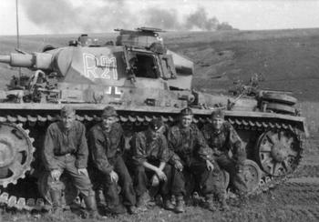 Battle of Kursk - The crew of a Pz_Kpfw_ III tank assigned to the 2nd SS Panzer Division Das Reich rests after heavy fighting near Belgorod.jpg
