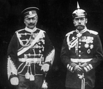 Der deutsche Kaiser Wilhelm II. mit seinem Cousin, dem russischen Zaren Nikolaus II.jpg