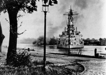 German drill ship Schleswig-Holstein opens fire on the polish bunkers at the Westerplatte, a woody peninsula near Danzig.jpg