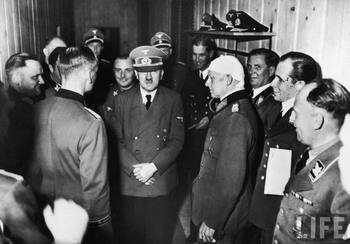 Martin Bormann, Adolf Hitler, Alfred Jodl, Albert Bormann, Luftwaffe adjutant Nicolaus Von Below, and Hitler's pilot Hans Baur of Wolfschanze.jpg