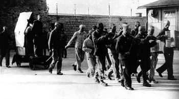 Mauthausen Camp, 1943, prisoners being led to their execution accompanied by the camp orchestra.jpg