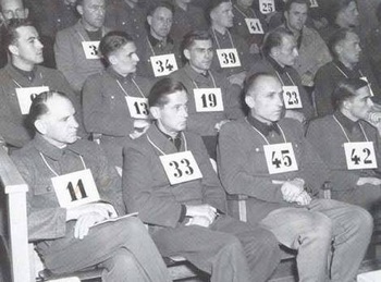 The Waffen SS defendants during the Dachau trial - 11 Sepp Dietrich,33 Krämer,45 Priess,42 Peiper,8 Coblenz,13 Fischer,19 Gruhle,23 Henneck,31 Knittel,34 Kuhn,39 Munkemer.jpg