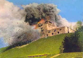To deter tourists, sight-seers, and neo-Nazis, the Bavarian government blew up the ruins of the Berghof on 30 April 1952.jpg